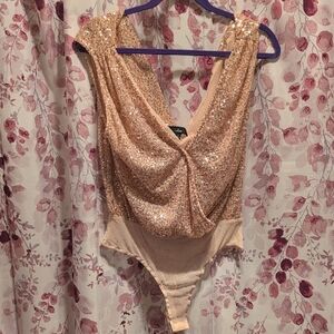 Lulu's Tan Sequin Wrap Bodysuit